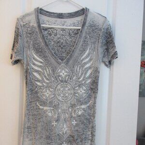 Affliction Brand Womens V-Neck Grrey & White Shirt
